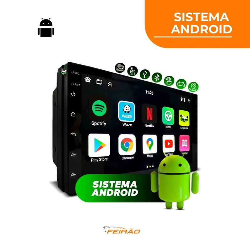 Central Multimidia Android 13 2GB 4GB 7 Pol 2 Din Espelhamento USB Bluetooth GPS Integrado